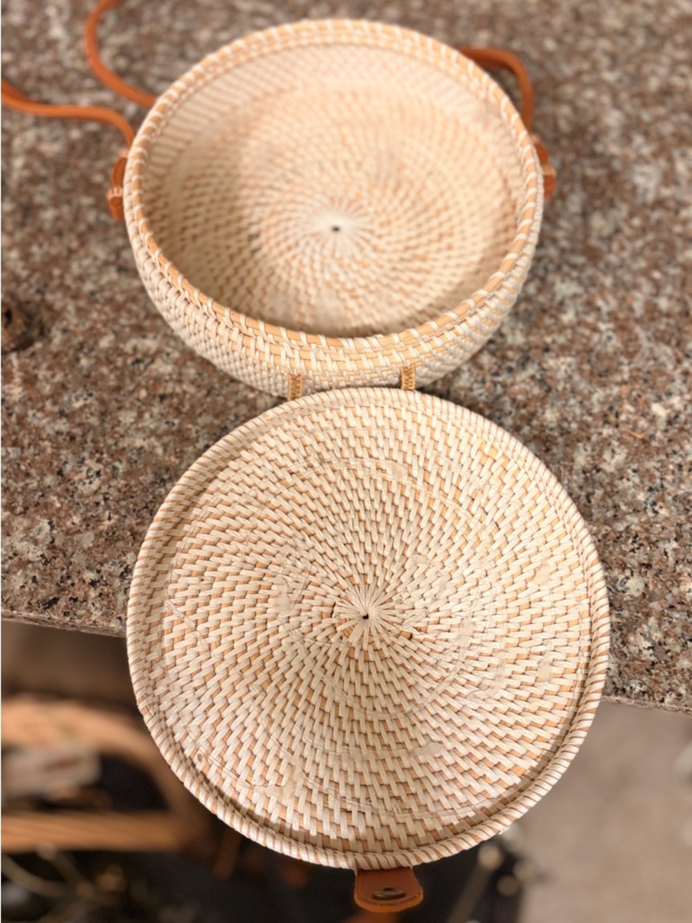 Bali 8” diameter Cream Woven Round Mini Bag with Brown leather Strap - Picture 5 of 6